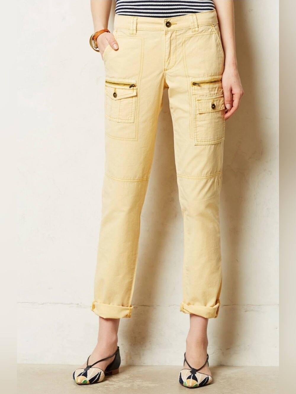 Anthropologie Hei Hei Westport Cargo Pants Creamy Yellow Size 25 Zipper Pockets